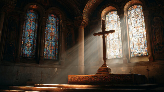 Orthodox Elevation of the Cross, sunlight through stained glass illuminating cross on altar