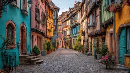 Fototapeta premium Colorful european alleyway with cobblestone path