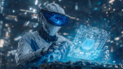 Engineer using augmented reality goggles to troubleshoot factory equipment