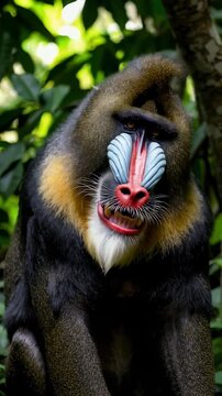 Male Mandrillus sphinx shows off sharp teeth