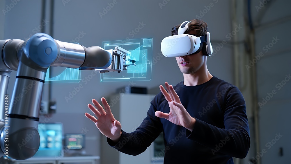 Poster engineer using vr headset to interact with holographic interface and robotic arm in modern lab