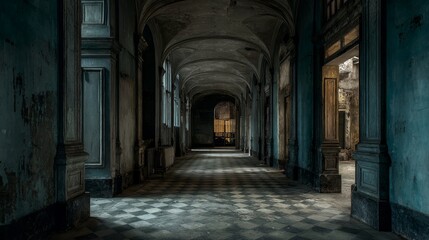 Fototapeta premium Mysterious Abandoned Hallway with Old Architecture