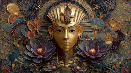Tutankhamun's golden mask surrounded by lotus flowers and stylized Egyptian patterns