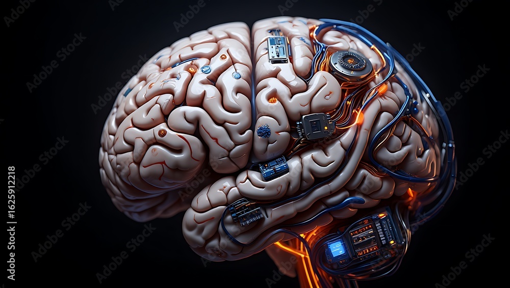 Poster complex human brain integrated with electronic circuitry and glowing neural pathways on dark backgro