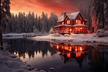 Fototapeta premium A house on a snow-covered island with warm dusk lights