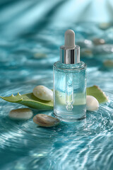 Dropper Serum Bottle Floating on Clear Water with Natural Elements