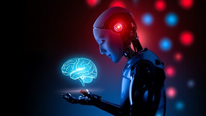 Obraz premium Futuristic humanoid robot holding a glowing blue holographic brain against a dark background with abstract lights.