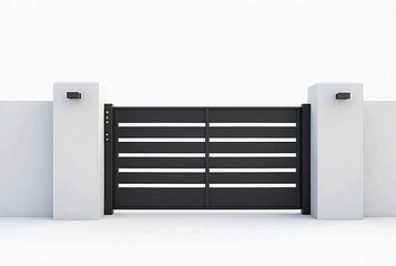 Modern Black Iron House Gate Isolated on White Background