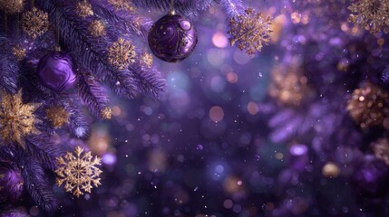 luxurious purple Christmas background, gold and violet snowflakes, glowing bokeh lights, pine branches with purple and gold ornaments