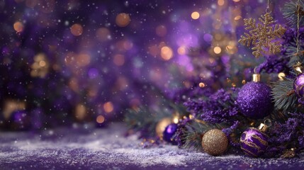 luxurious purple Christmas background, gold and violet snowflakes, glowing bokeh lights, pine branches with purple and gold ornaments