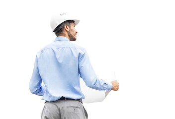 Rear view of construction engineer in helmet looking at plan of building to skyscraper construction on a transparent background