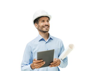 Handsome male architect making a note in digital tablet while looking up on a transparent background