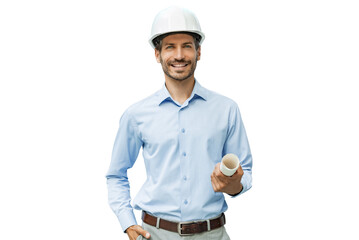 Close-up portrait of a young smiling man architect wearing a hard hat with blueprint plans looking at the camera on a transparent background
