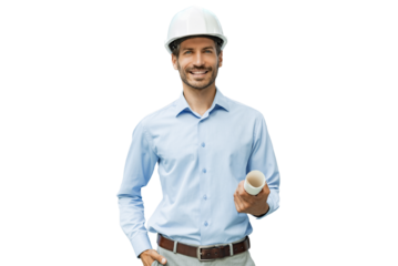 Close-up portrait of a young smiling man architect wearing a hard hat with blueprint plans looking at the camera on a transparent background