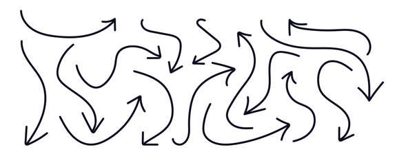 Set of Hand draw arrows set. Hand drawn sketch pencil drawing many different arrow element set.  curved, wavy, spiral, graphic pen scribble icon vector set. 