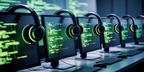 Row of computer monitors displaying glowing green code with headphones