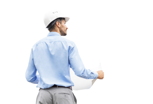 Rear view of construction engineer in helmet looking at plan of building to skyscraper construction on a transparent background