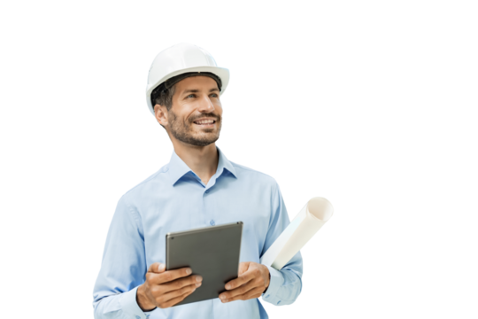 Handsome male architect making a note in digital tablet while looking up on a transparent background