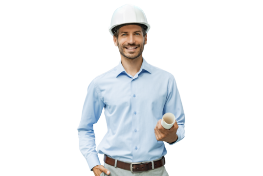 Close-up portrait of a young smiling man architect wearing a hard hat with blueprint plans looking at the camera on a transparent background
