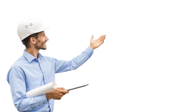 Side view of male engineer standing  working in construction helmet on a transparent background