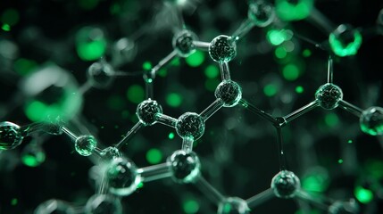 macro view of molecular structure, carbon atoms connected by nanotubes, emerald green glow, glossy material, dark scientific background