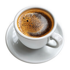 Obraz premium A steaming cup of hot coffee with a frothy crema sits on a white saucer isolated on transparent background