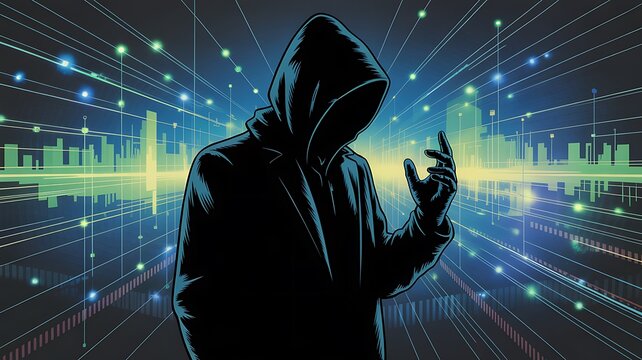 Anonymous hacker in a digital world with glowing lines and city skyline