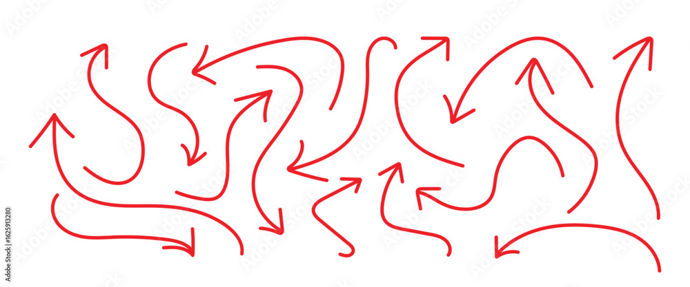 Poster set red of hand draw arrows set. hand drawn sketch pencil drawing many different arrow element set. 