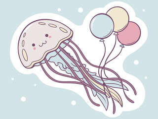 Cute Cartoon Jellyfish Floating with Balloons in Pastel Colors on a Light Blue Background