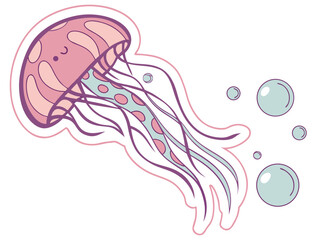 Cute Cartoon Jellyfish with Bubbles Illustration in Pastel Colors on a White Background