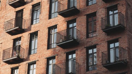 Obraz premium Modern Brick Residential Building with Balconies and Windows, Urban Architecture Scene