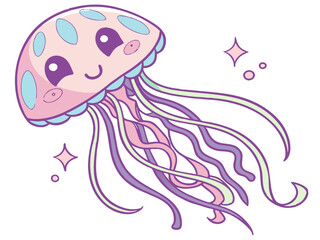 Cute Cartoon Jellyfish with Pastel Colors and Sparkles Isolated on White Background for Kids
