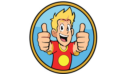 Cartoon boy giving double thumbs up, happy facial expression, cheerful pose, red t-shirt character illustration inside blue circular badge logo