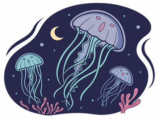 Stylized Jellyfish in a Dark Blue Ocean with Coral and a Crescent Moon