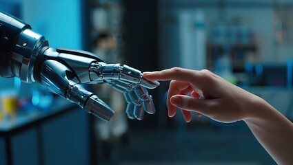 Human finger gently touches the intricate metallic finger of a robotic hand, symbolizing connection.