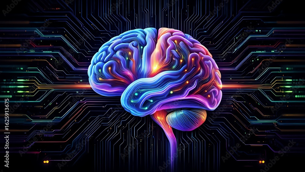 Poster vibrant glowing human brain with colorful neural pathways illuminated by a futuristic circuit board 