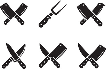 Collection of kitchen knives and tools in black silhouette vector style