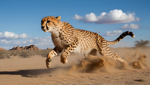 Wide-angle full-body shot of a cheetah sprinting across the desert with dust swirling around it.