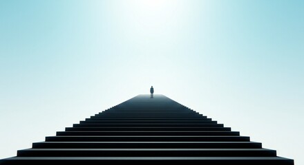 A lone figure atop a black staircase extending into a light blue sky, casting shadows onto the steps, minimalistic design, invoking introspection. The composition emphasizes solitude and aspiration.