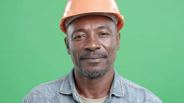 A confident construction worker wearing an orange hard hat, posing with a friendly smile against a green background. - Powered by Adobe