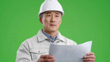 A construction worker in a helmet examines blueprints on a green background, embodying focus and determination in the field.