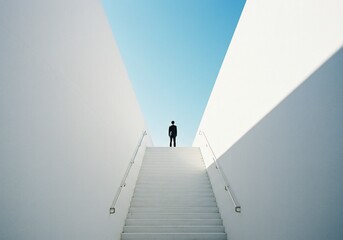 Minimalist scene with a lone figure in a suit on white stairs, surrounded by pure white walls under a blue sky; emphasizes solitude and perspective.
