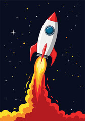 Playful Cartoon Rocket Launching Diagonally Through Starry Night Sky with Flaming Exhaust and Celestial Elements © Purnomo