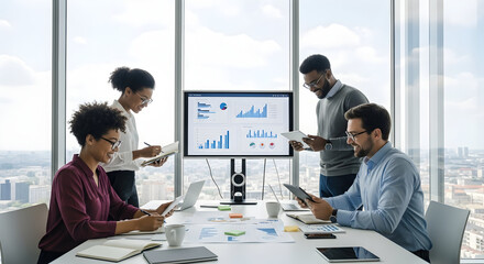 Business Team Analyzing Data on Digital Devices in Modern Office with Large Windows and City View