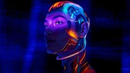 Dramatic Profile Close-Up of a Female Cyborg Head with Vibrant Glowing Circuitry