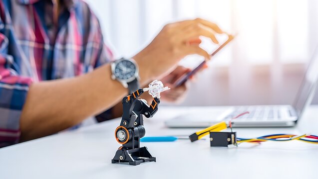 Small Black Robotic Arm Holding a Clear Object on a White Desk with a Person Using a Tablet