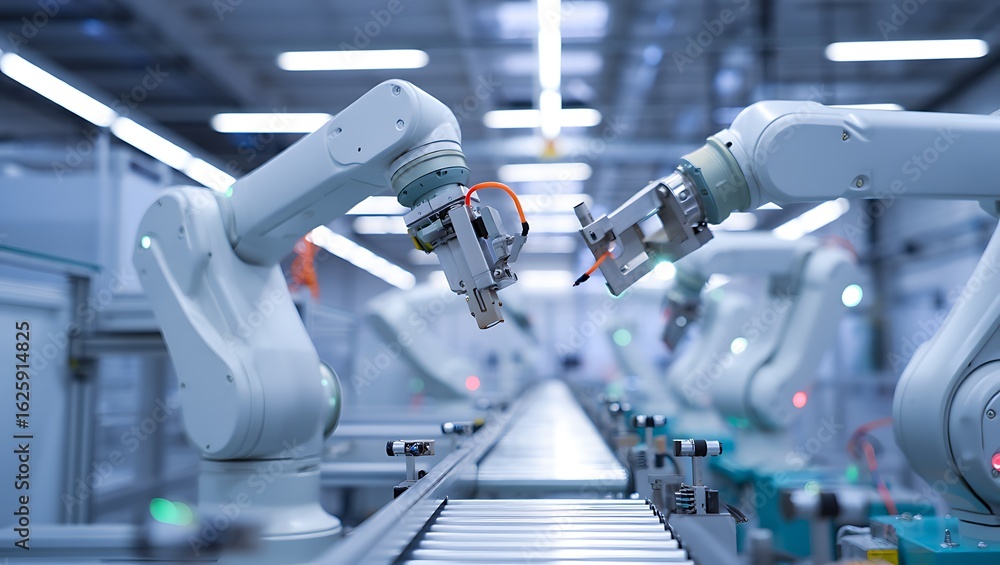 Poster precise industrial robotic arms interacting on a conveyor belt in a modern automated factory assembl