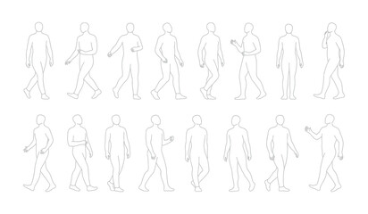 Collection of Human Figures in Motion Walking and Standing Poses Outline Art	