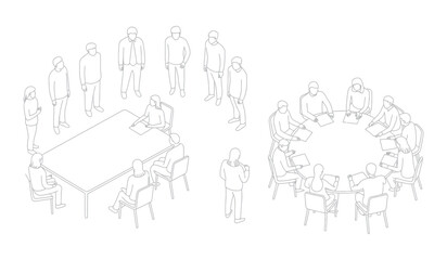 Fototapeta premium Meeting and Collaboration of People Around Tables Discussing Ideas and Strategies 