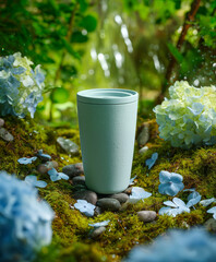 Tumbler Surrounded by Moss and Hydrangeas in a Lush Forest Scene